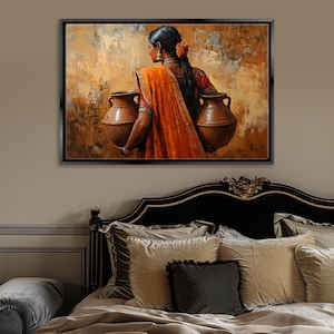 Traditional Indian Woman Carrying Pots Canvas Print, Framed or Unframed, Gallery-wrapped Giclée, Ready to Hang, Extra Large Wall Art