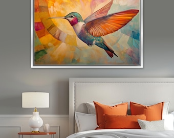 Art Deco Hummingbird Canvas Print, Colorful Bird Lover Decor, Framed Unframed, Gallery-wrapped Giclée, Ready to Hang, Extra Large Wall Art