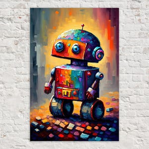 Cute Little Robot Canvas, Kids Room Robot Art, Painting Print, Children's Art image 1