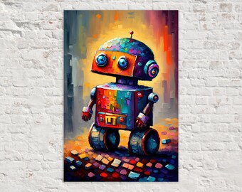 Cute Little Robot Canvas, Kids Room Robot Art, Painting Print, Children's Art
