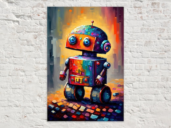 Cute Little Robot Canvas, Kids Room Robot Art, Painting Print, Children's Art
