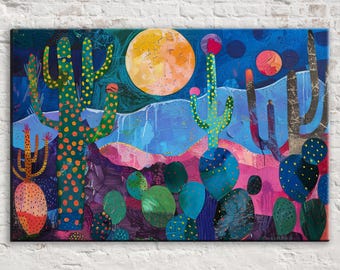 Nocturnal Oasis: Collage Style Desert Night Wall Art, Print on Gallery-wrapped Artist Canvas, Ready to Hang, Available in Extra Large Sizes