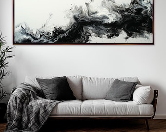 Black and White Flowing Abstract Panoramic Canvas Print, Framed or Unframed, Long Horizontal Giclée, Ready to Hang, Extra Large Wall Art