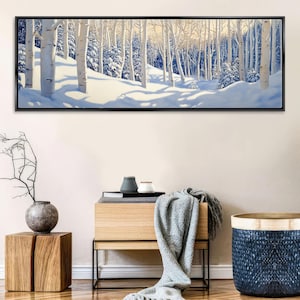Panoramic Cozy Aspen Trees in Snow, Rustic Canvas, Framed Unframed, Long Horizontal Gallery-wrapped, Ready to Hang, Extra Large Wall Art