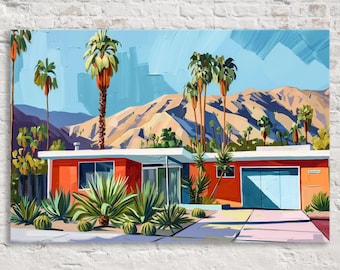 Mid-Century Modern Palm Springs, 60s House, Giclée Print on Gallery-wrapped Artist Canvas, Ready to Hang, Available in Extra Large Sizes