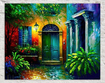 New Orleans French Quarter Art, New Orleans Courtyard Painting, Impressionist Painting, NOLA Bourbon Street Scene Canvas