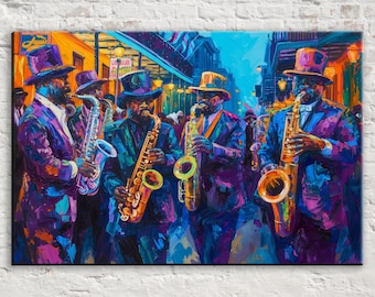 New Orleans Mardi Gras Jazz Wall Art, Colorful Bourbon Street Canvas | Framed or Unframed, Ready to Hang, Available in Extra Large Sizes