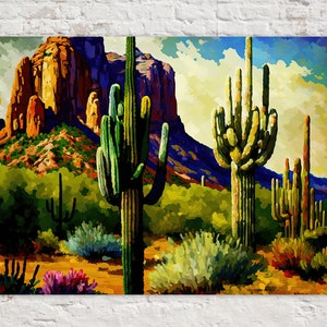 Desert Cactus Canvas Print, Southwestern Art Landscape Painting, Colorful Artwork