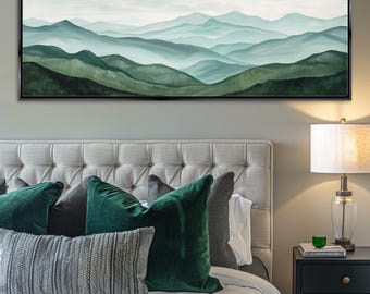 Lienzo abstracto de cordillera en acuarela verde salvia, panorama horizontal / Enmarcado o sin enmarcar, listo para colgar, disponible en tamaños extragrandes.