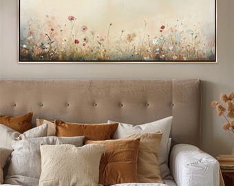 Panoramic Soft Rustic Wildflowers Canvas Print, Framed Unframed, Long Horizontal Gallery-wrapped Giclée, Ready to Hang, Extra Large Wall Art