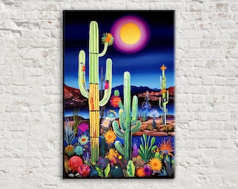 Twilight Tranquility: Desert Night Skyline Painting, Giclee Print on Gallery-wrapped Artist Canvas, Available in Extra Large Sizes