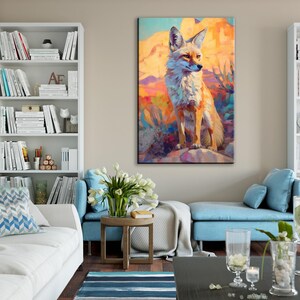 a cozy living room with a large painting of a fox on the wall, surrounded by bookshelves filled with books and various decorative items.