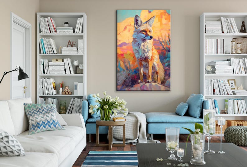 a cozy living room with a large painting of a fox on the wall, surrounded by bookshelves filled with books and various decorative items.