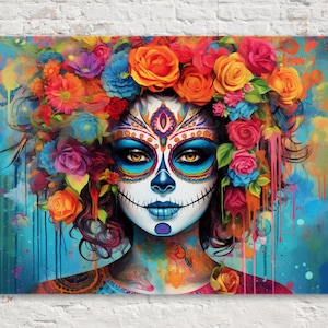 Cultural Elegance: Day of the Dead Lady Canvas Painting, Giclee Print on Gallery-wrapped Artist Canvas, Available in Extra Large Sizes