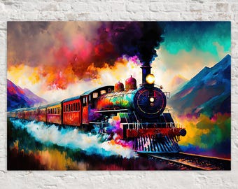 Colorful Train Canvas Art, Steam Locomotive Painting | Framed or Unframed, Ready to Hang, Available in Extra Large Sizes