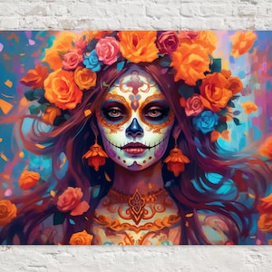 Day of the Dead Woman Wall Decor Print, Mexican Heritage Canvas, Large Giclee Canvas Print, Latin Home Decor, Sugar Skull Woman