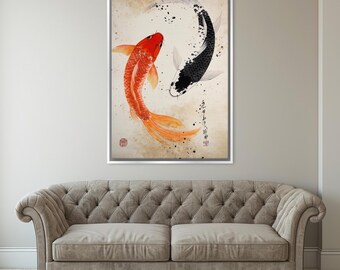 Harmonious Sumi-e Koi Fish Decor Canvas Print, Framed or Unframed, Gallery-wrapped Giclée, Ready to Hang, Extra Large Wall Art
