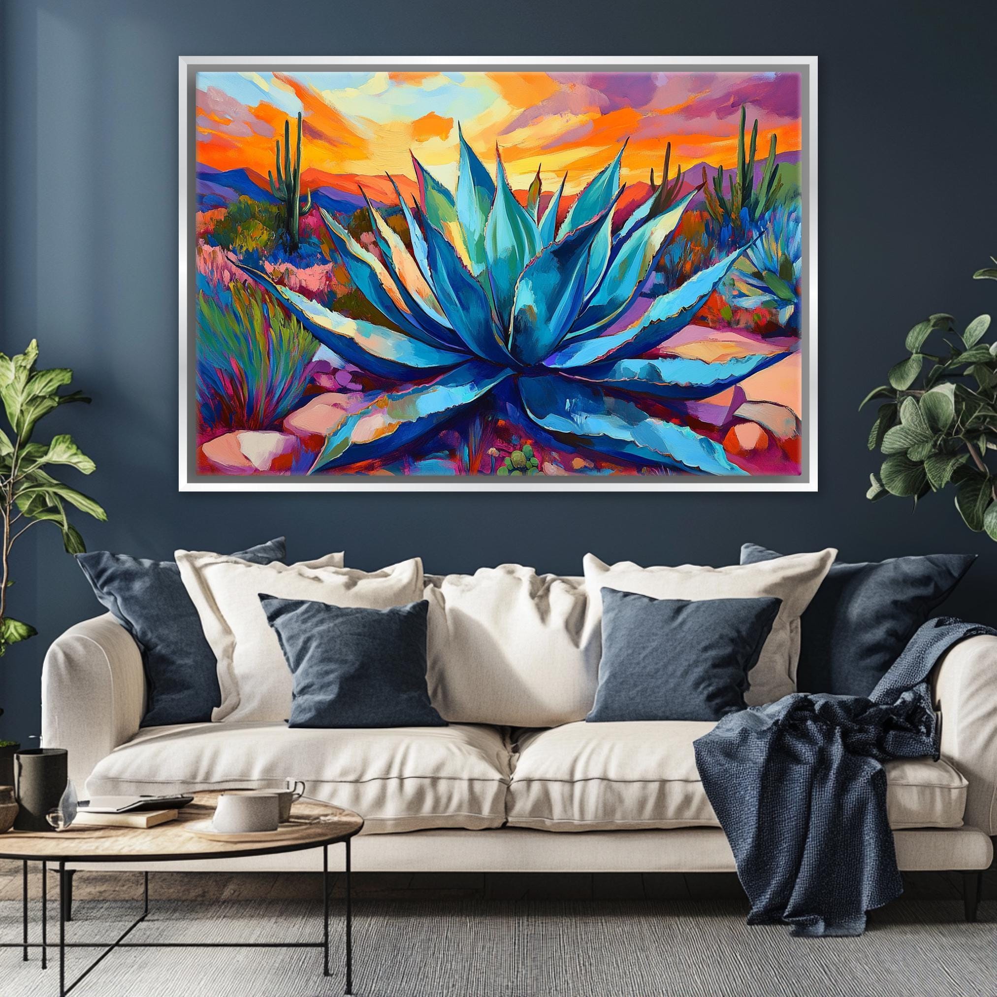 Blue Agave Wall Art Canvas Print, Modern Boho Desert Landscape | Framed ...