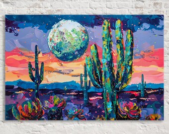 Celestial Sands: Desert Night Collage Art, Giclee Print on Gallery-wrapped Artist Canvas, Ready to Hang, Available in Extra Large Sizes