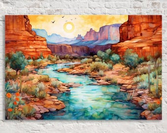 Arizona Sun and River Canvas Art, Desert Canyon Art. Southwest Landscape Wall Art, Framed or Unframed, Available in Extra Large Sizes