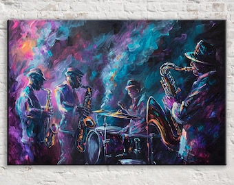 Smokey Jazz Vibes: Soulful Jazz Band Music Wall Print, Giclee Print on Gallery-wrapped Artist Canvas, Available in Extra Large Sizes