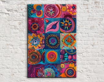 Vibrant Boho Pattern, Quilt Style Wall Art, Giclée Print on Gallery-wrapped Artist Canvas, Ready to Hang, Available in Extra Large Sizes
