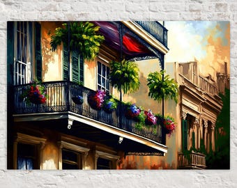 New Orleans Wall Art, New Orleans Balcony Cityscape, French Quarter Painting, Street Scene