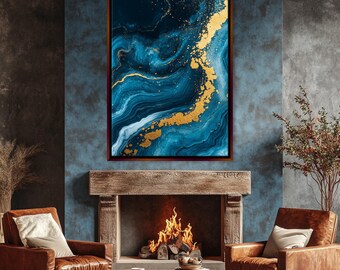 Abstract Blue Gold Marble Wall Art Canvas Print, Framed or Unframed, Gallery-wrapped Giclée, Ready to Hang, Extra Large Wall Art