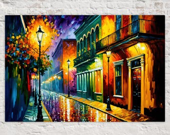May include: An impressionistic painting depicting a city street scene at night. The artwork shows colourful buildings, streetlights, and a wet, reflective road. The colour palette includes warm oranges, yellows, and reds, contrasted with cool blues and purples.