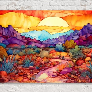 Desert Sunset Stained Glass Style Canvas Wall Art, Colorful Decor, Southwest Arizona Scene, Available in Extra Large Sizes