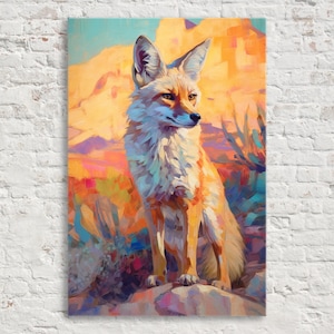 A painting of a fox sitting on a rock against a colorful background.