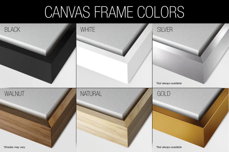 a collection of six different frame colors, each corresponding to a different type of wood finish: black, white, silver, walnut, natural, and gold.