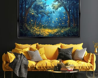 Verzaubertes Dämmerungs-Glühwürmchen-Schmetterlings-Waldbild auf Leinwand, gerahmt oder ungerahmt, Galerie-Giclée-Druck, fertig zum Aufhängen, extra großes Wandbild