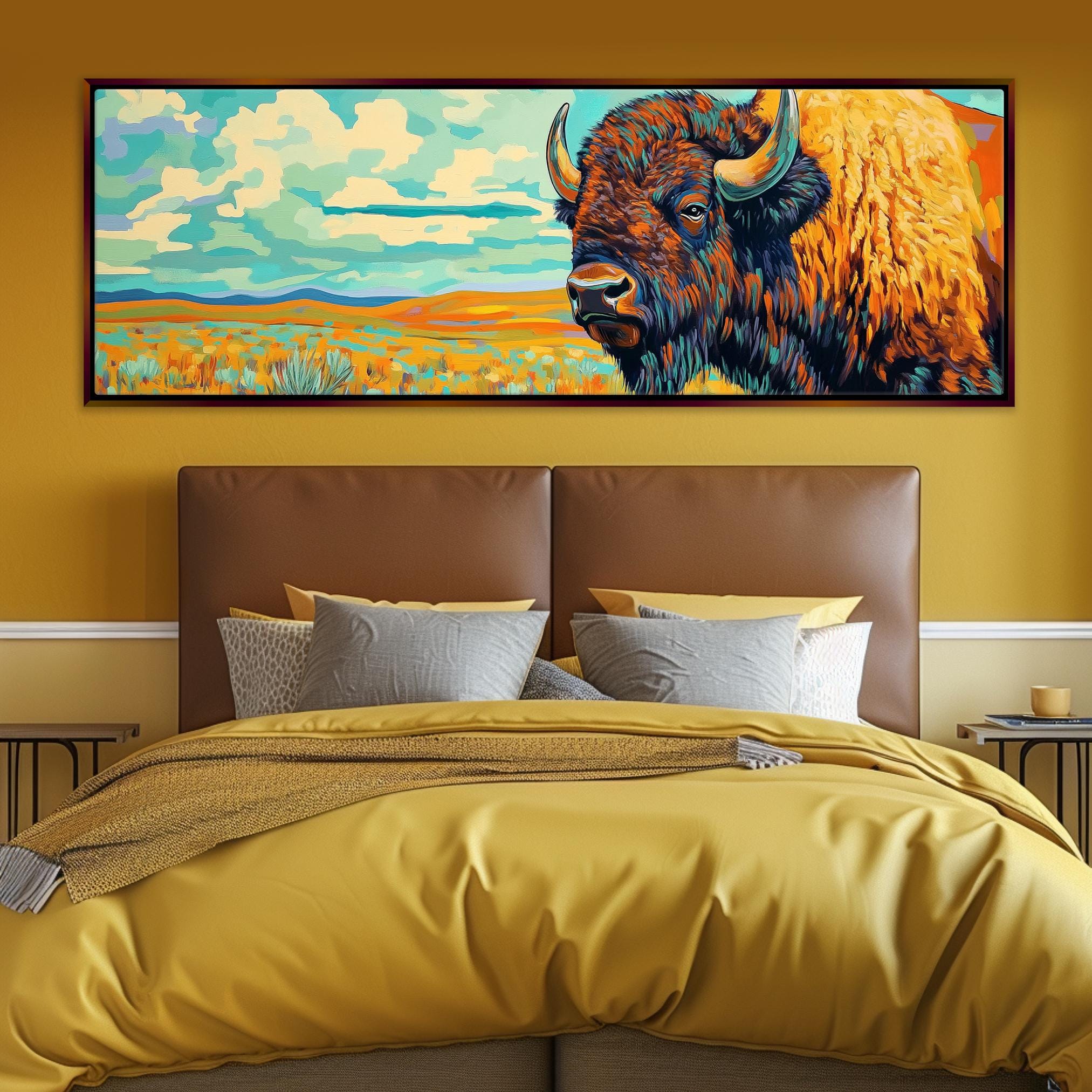 Panorama amerikanischer Büffel Leinwanddruck, gerahmt oder ungerahmt, lange horizontale Galerie-umwickelte Giclée, fertig zum Aufhängen, extra große Wandkunst