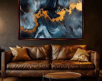 May include: Abstract painting with blue and gold swirls. The painting is framed and hanging on a dark wall above a brown leather couch.