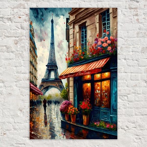 French Bistro Canvas, Paris Street Scene Painting, Eiffel Tower Giclee Canvas Print