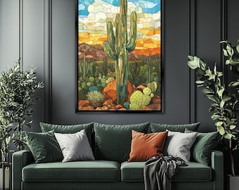 Vibrant Saguaro Cactus Stained Glass Style Canvas Print, Framed or Unframed, Gallery-wrapped Giclée, Ready to Hang, Extra Large Wall Art