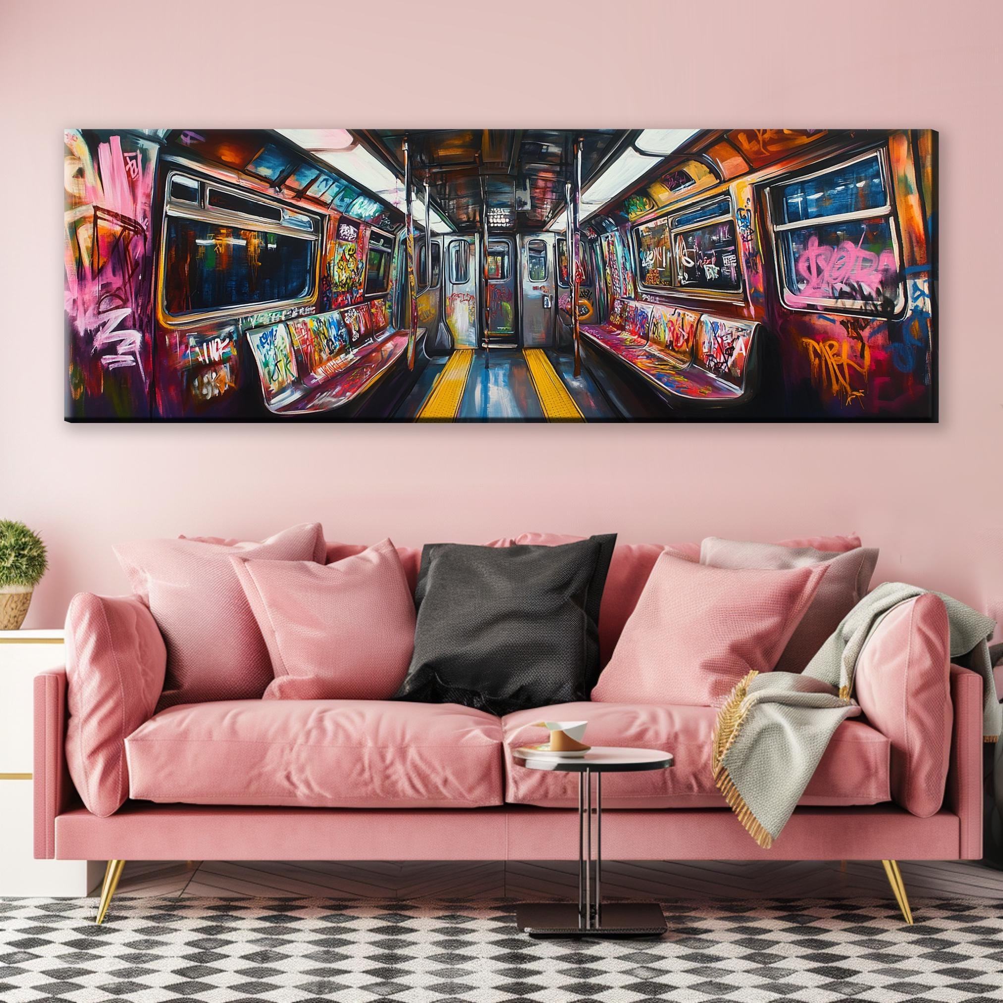 Panoramic Subway Train Graffiti Scene Canvas, Framed Unframed, Long Horizontal Gallery-wrapped Giclée, Ready to Hang, Extra Large Wall Art