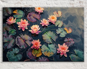 May include: A canvas print featuring a serene pond scene with vibrant pink water lilies and lily pads. The water lilies have yellow centers and are surrounded by green and purple lily pads, creating a tranquil and colorful artwork.