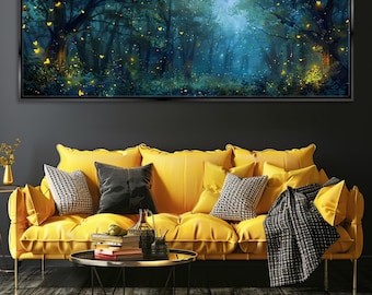 Panoramic Enchanted Firefly Forest Canvas, Mystical Nightscape Wall Art | Framed or Unframed, Ready to Hang, Available in Extra Large Sizes