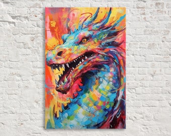 Enchanting Dragon, Pop Art Painting Print, Canvas Wall Art, Fantasy Wall Decor, Large Canvas Print