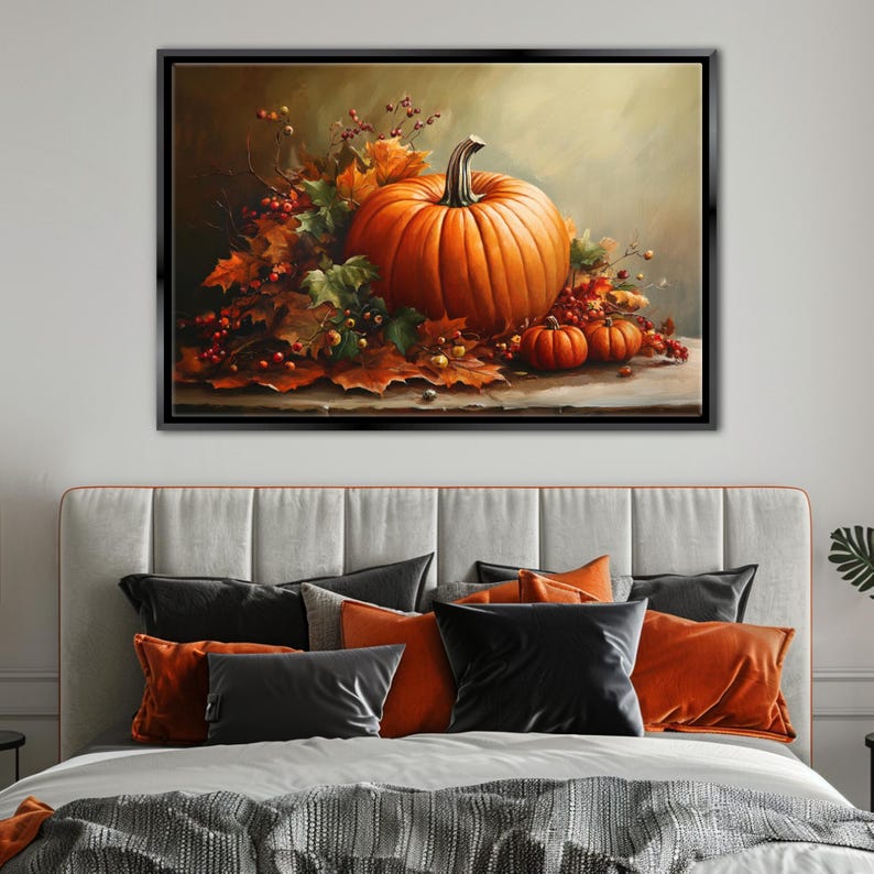 Harvest Season Pumpkin Still Life Painting Canvas Print, Framed or ...