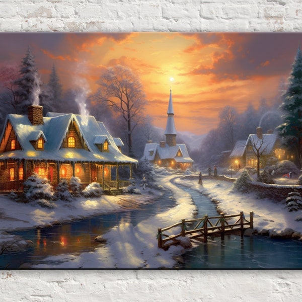 Snowy Village - Retro Christmas, Winter Scene, Thomas Kinkade style, Print on Gallery-wrapped Artist Canvas, Available in Extra Large Sizes