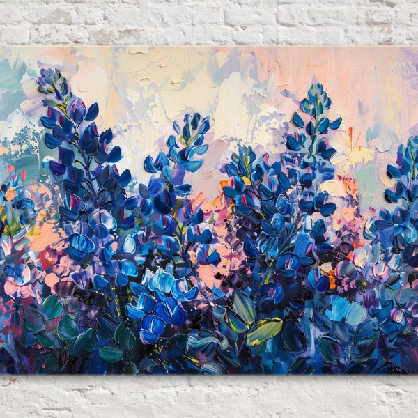 Springtime Splendor Texas Wildflower Art, Bluebonnet painting, Giclee Print on Gallery-wrapped Artist Canvas, Available in Extra Large Sizes