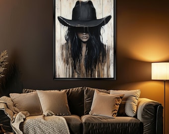May include: A painting of a woman wearing a black cowboy hat against a textured background. The woman's face is partially obscured by the hat.