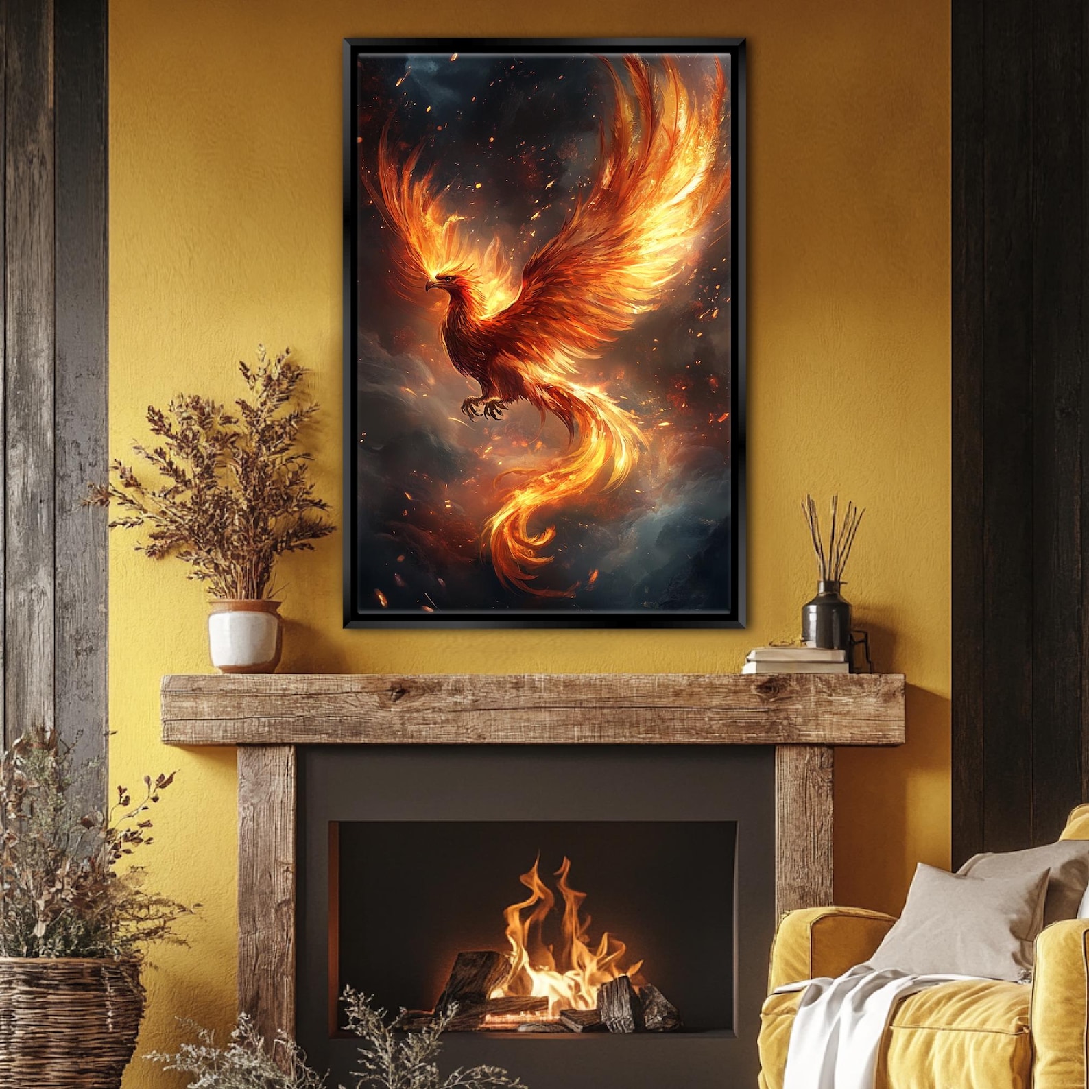 Mythical Phoenix Rising From Fire Canvas Print Artwork, Framed or ...