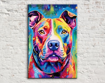 Lovable Pitbull Canvas Print, Colorful Pit Bull Wall Art, Large Canvas Art, Striking Dog Portrait, Real Wood Frame, High Quality Canvas