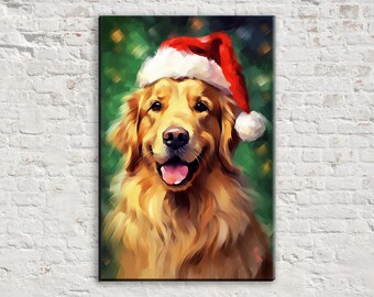May include: A canvas print of a Golden Retriever wearing a Santa hat. The dog has a happy expression with its tongue out. The background is a blurred green and gold. The artwork is framed in black and mounted on a white brick wall.