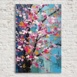 Cherry Blossom Tree, Japanese Impasto Painting, Canvas Wall Art Print, Pink and Blue, Abstract Floral Artwork, Extra Large Sizes