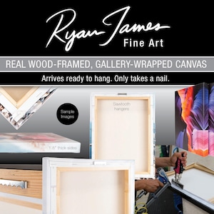 The image is an advertisement for Ryan James Fine Art, showcasing a collection of real wood-framed, gallery-wrapped canvas prints. The text highlights the quality of the artwork, stating that it arrives ready to hang and only takes a nail to hang. The image includes a sample of the artwork and a person hanging one of the prints.